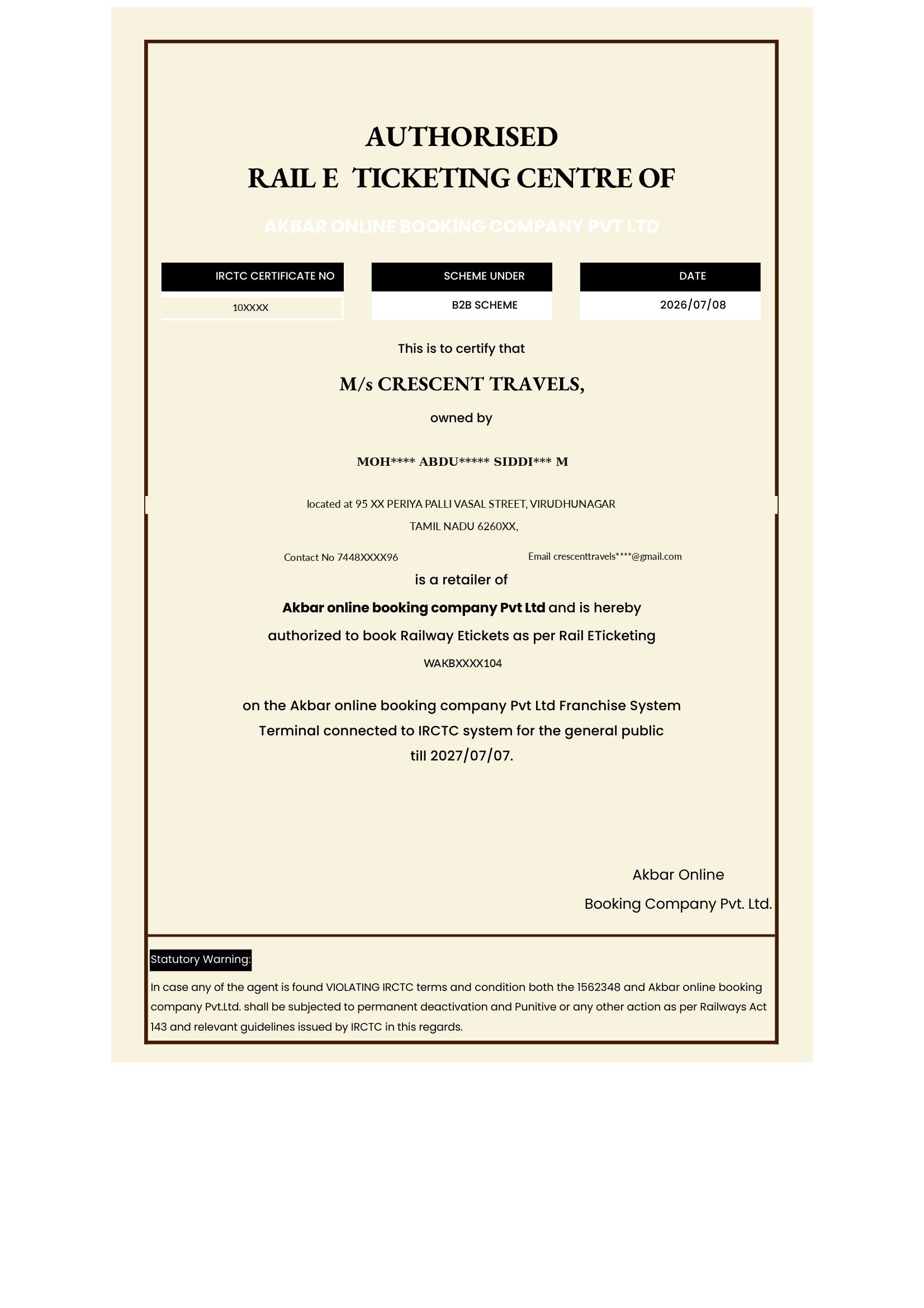 Public-safe Crescent Travels railway agency certificate